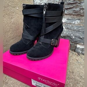 Shoe Dazzle Black Heeled Boots with Straps - PARRAH Booties